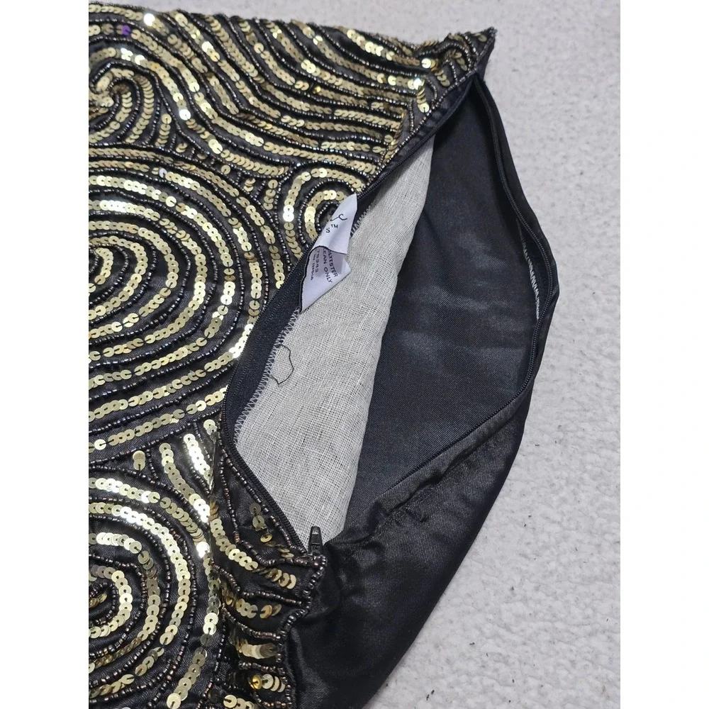 Artistic Accents Gold Sequin Swirl Beaded Black Pillow Cover 16x16 Square Zipper